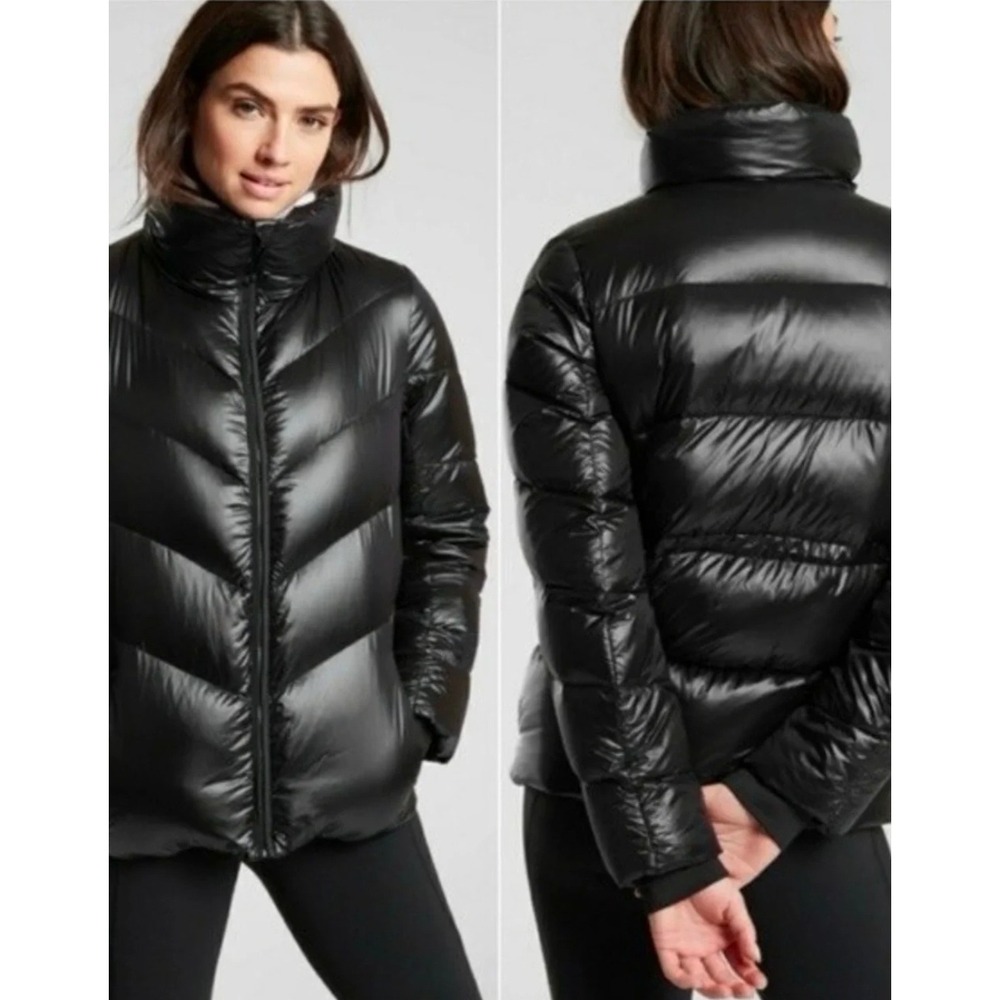 Athleta Lofty Down Black Shiny Down Puffer Jacket Chevron Quilted Size S 486242